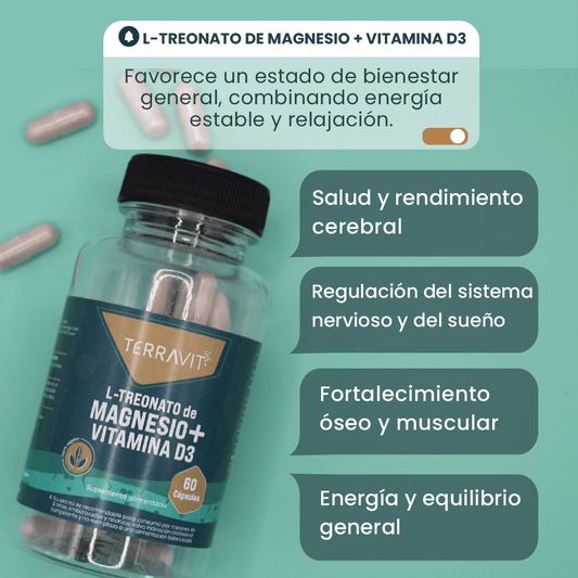 L - TREONATO DE MAGNESIO +VITAMINA D3 - 60 Cápsulas - TerraVit