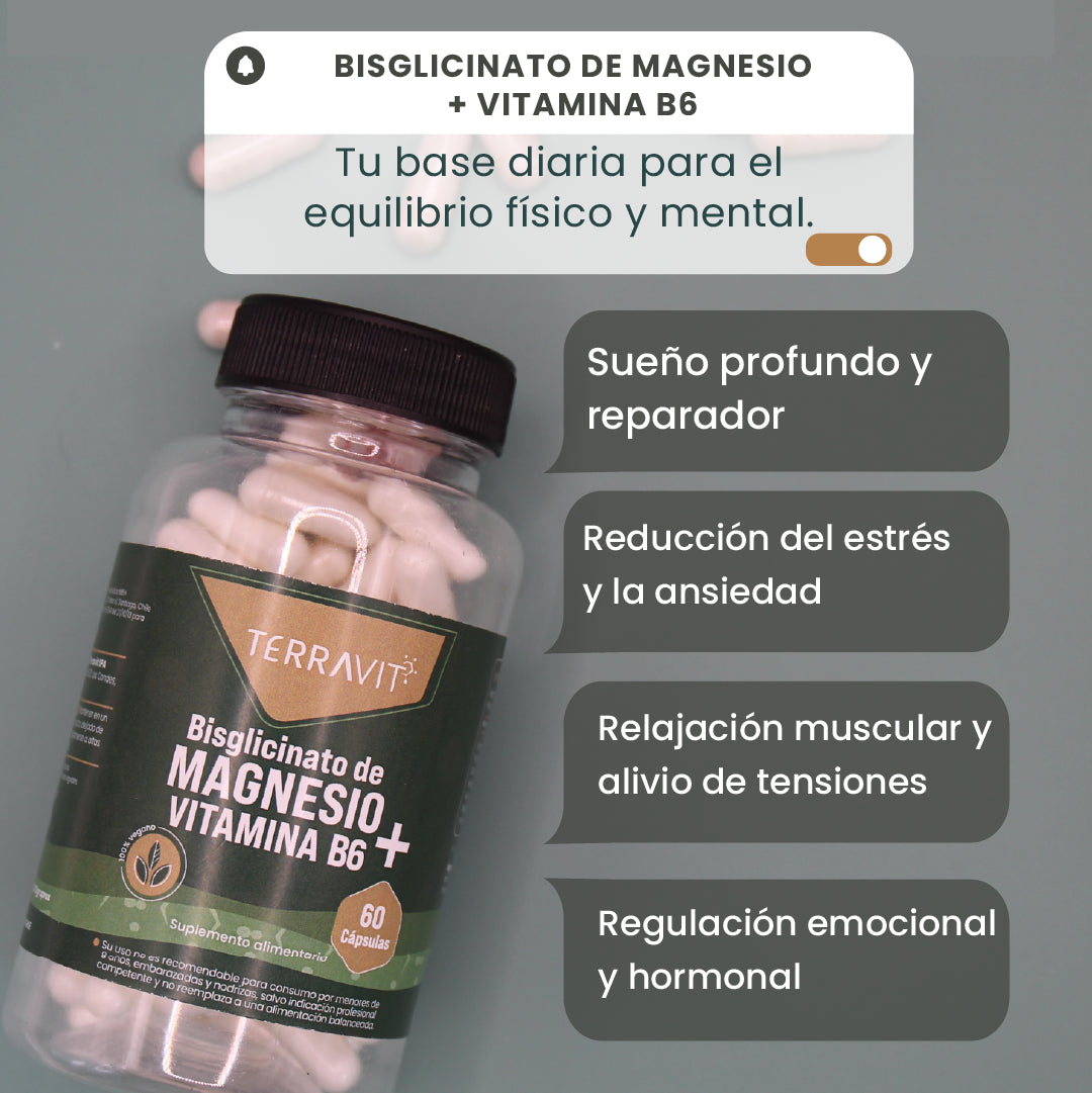 BISGLICINATO DE MAGNESIO + VITAMINA B6 -  60 Cápsulas